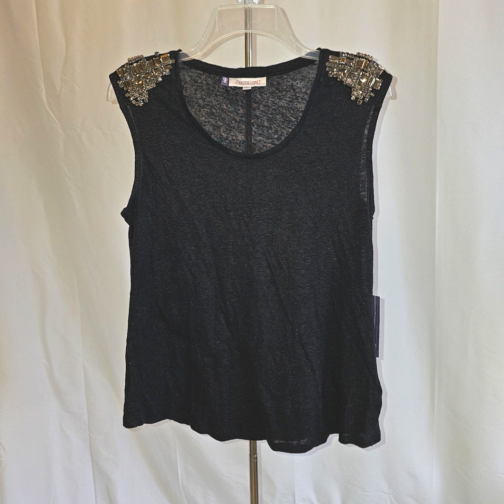 Jennifer Lopez semi sheer black tank top w glass jewelry, M